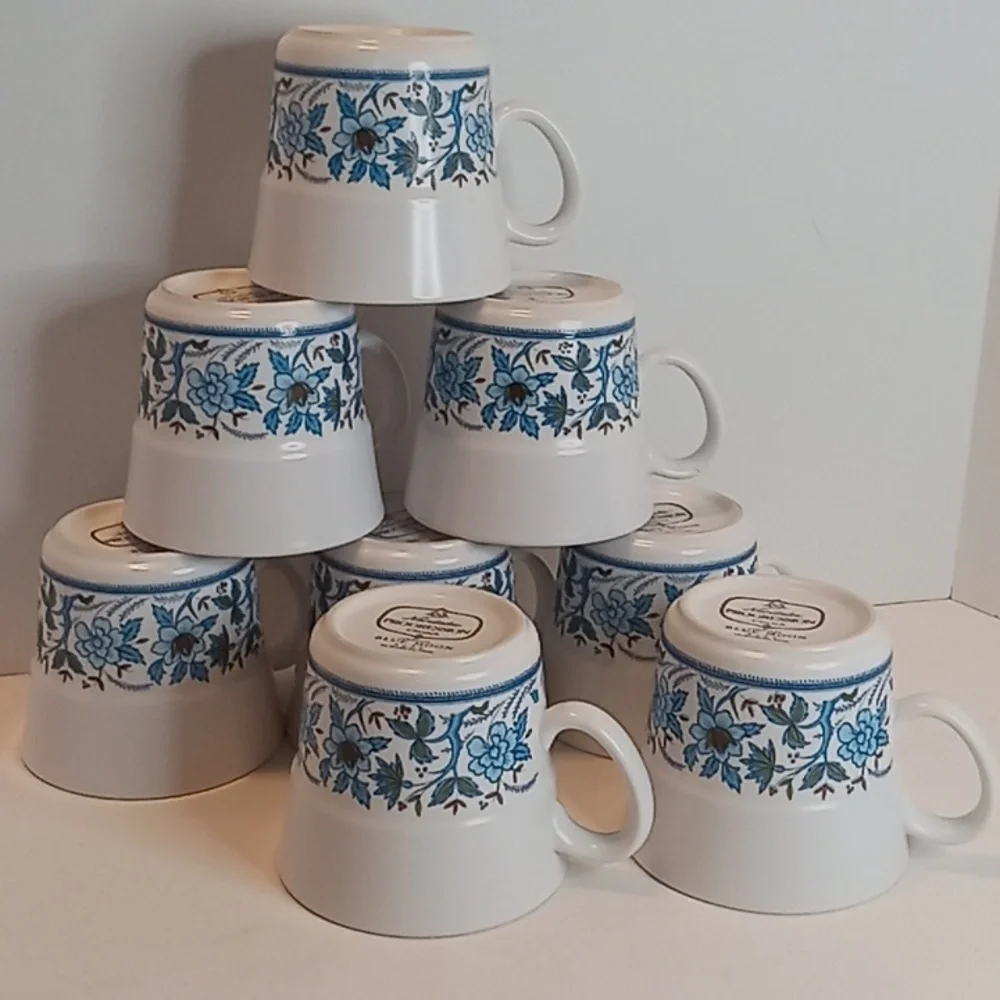 Vintage Noritake Blue Moon Pattern Porcelain Coffee Mugs / Tea Cups Set Of 8